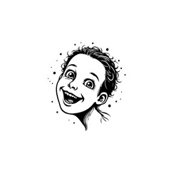 Black and white cartoon of a joyful kid face in minimalist design showcasing happiness and fun with artistic simplicity illustration
