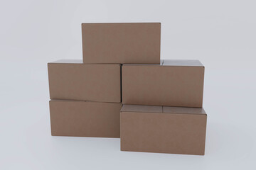 3D rendering of multiple empty cardboard delivery boxes stacked, concept of packaging, logistics, and warehouse preparation