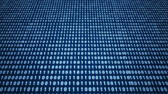 Blue Binary Code Digital Background - Rows of ones and zeros in a binary code pattern flow across a deep blue digital background.