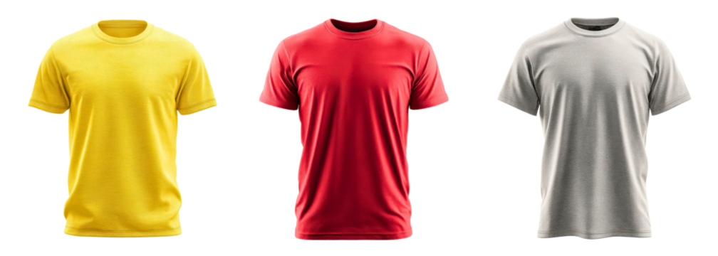 Set of yellow, red and grey t-shirts isolated on a white or transparent background