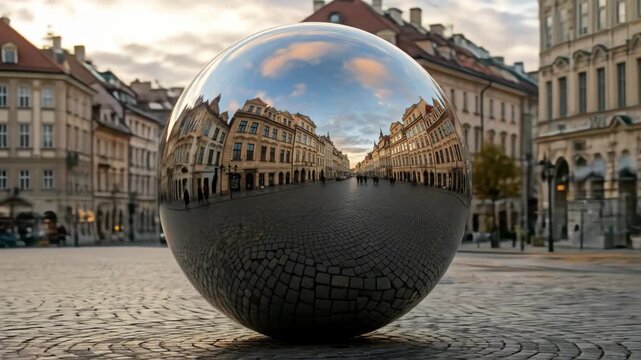 A large chrome sphere reflects the beautiful historic architecture of an old european city square in a modern and artistic public art installation