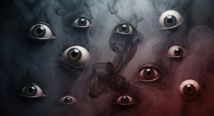A collection of eyes floating in a smoky, dark atmosphere, creating an eerie and surreal composition