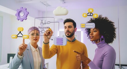 Diverse team collaborating on artificial intelligence processing and futuristic technology with virtual interface