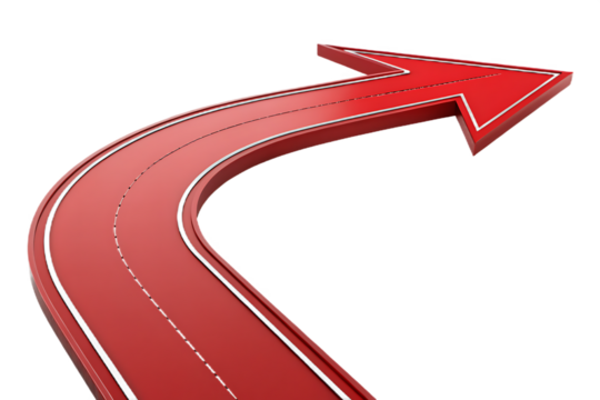 Red arrow pointing upwards and to the right isolated on transparent background