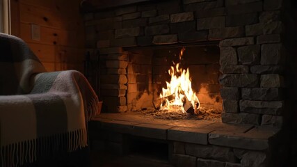 Cozy Cabin Fireplace with Warm Glow - A rustic stone fireplace crackles with a warm fire, casting a welcoming glow on a cozy cabin interior. - Powered by Adobe