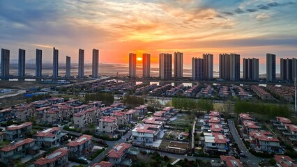 Sunrise Over Modern Residential Towers and Housing Development in Yantai, China © Ngo