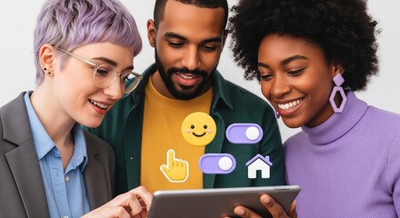 Diverse group of young adults collaborating on tablet with 3D app user interface elements