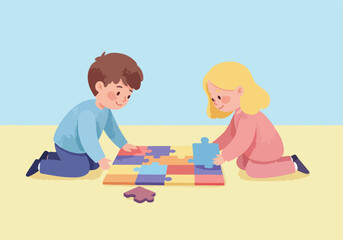 Two kids solve a puzzle, seated on the floor against a blue background. Use education