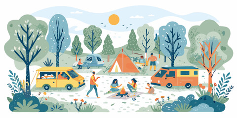 People camping in nature with vans tent and campfire illustration © Smritykona