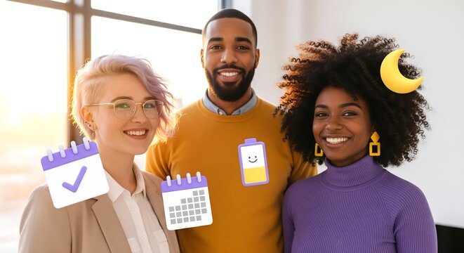 Happy diverse young professional team with 3D icons for business planning productivity and personal well-being - Powered by Adobe