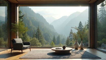 Modern home office with a large window displays scenic mountain forest view. Armchair, coffee table, vases accent calm remote workspace. Ideal for virtual meetings, presentations, or relaxation.