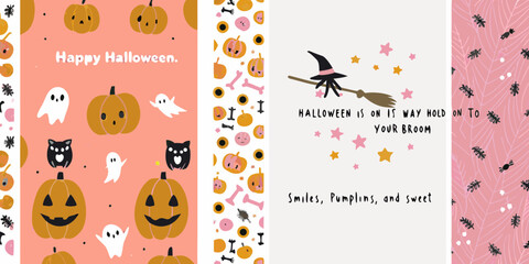 Cute and Spooky Halloween Greeting Cards with Pumpkins Ghosts and Witches