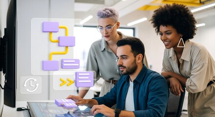 Diverse Business Team Collaborating on Innovative Digital Workflow Using Interactive Display in Modern Office
