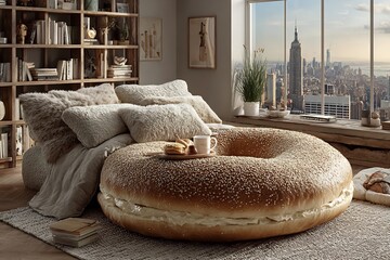 Giant bagel bed offers cozy comfort with stunning city skyline views and breakfast treats