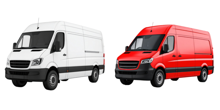 3D Plastic Style Vans Isolated on Transparent Background with White and Red Color Options for Transport and Delivery Purposes