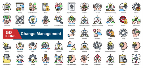 A collection of Change Management icons. Includes adaptation, teamwork, planning, strategy, employee engagement, and more. Ideal for business illustrations and presentations.
