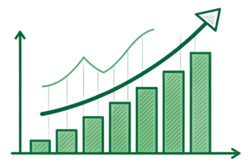 Green bar and line graph showing upward trend isolated on transparent background