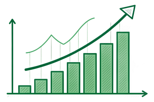 Green bar and line graph showing upward trend isolated on transparent background