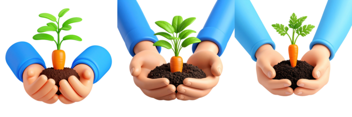 Animated Hands In Blue Sleeves Holding a Growing Plant With Carrot and Green Leaves Over a Transparent Background Depicting Farming and Growth
