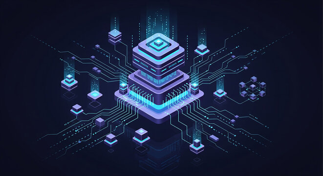 "Futuristic digital illustration with abstract circuit patterns, glowing data elements, and chip structures. Great for AI, big data, blockchain, cloud computing, and cybersecurity." - Powered by Adobe