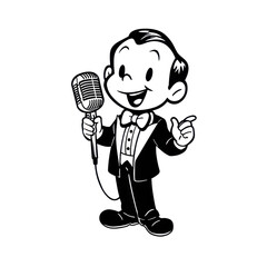 Animated character in a tuxedo holds vintage microphone smiling gesturing with hand