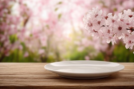 An empty white plate rests on a wooden surface against a backdrop of cherry blossoms