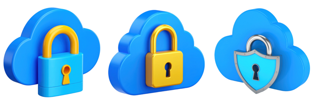 Three Dimensional Plastic Style Cloud Icons with Locks Depicting Data Security Encryption and Online Safety on Transparent Background - Powered by Adobe