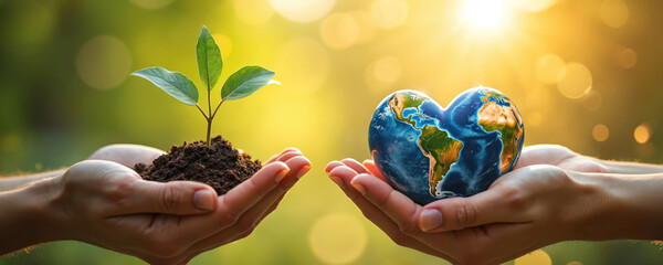 Hands cradle small green sapling in soil, heart shaped Earth. Sunlight, bokeh lights create vibrant, hopeful atmosphere. Care, growth, global environmental responsibility, ideal for eco,