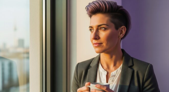 Stylish woman with unique purple hair gazing contemplatively out office window holding a warm mug in soft golden light - Powered by Adobe