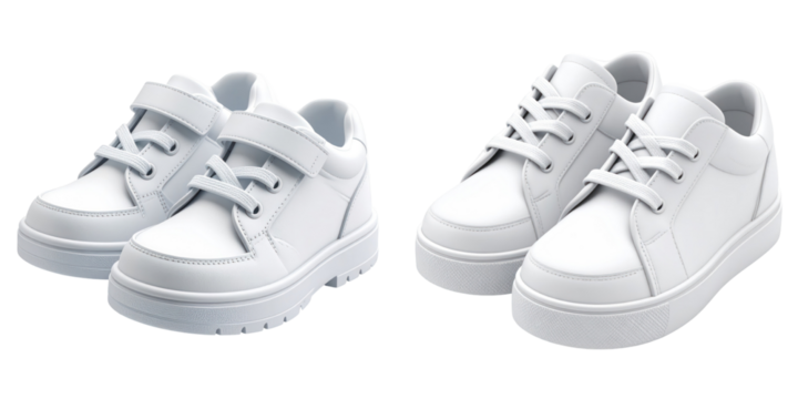 3D Plastic Style White Children's Footwear Isolated on Transparent Background Pair of Sporty Sneakers with Hook and Loop Fastener in a Studio Setting