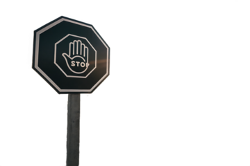 Octagonal stop sign with hand symbol and text isolated on transparent background