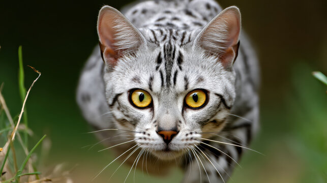 striking close-up of a silver-spotted cat with piercing yellow eyes, poised gracefully in a natural setting, capturing its predatory elegance and beauty.