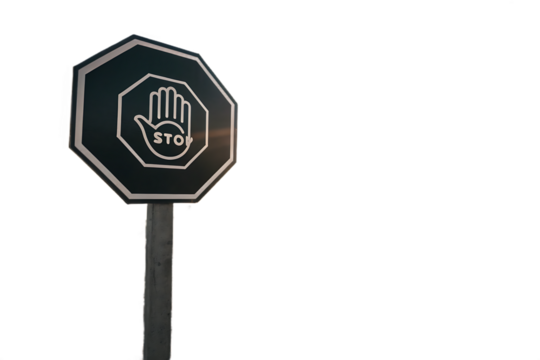 Octagonal stop sign with hand symbol and text isolated on transparent background