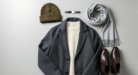 Stylish mens winter fashion flat lay with a grey overcoat knit sweater and leather accessories.