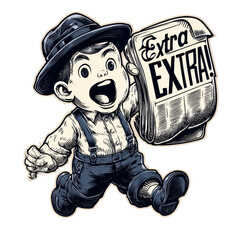 Vintage newsboy with hat and suspenders shouts Extra Extra while holding a newspaper