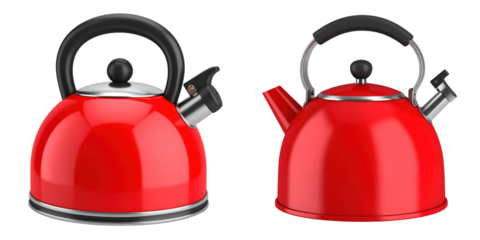Glossy Red Kettle With Black Handle On White Background 3D Plastic Style
