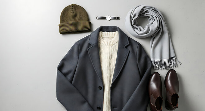 Stylish mens winter fashion flat lay with a grey overcoat knit sweater and leather accessories.