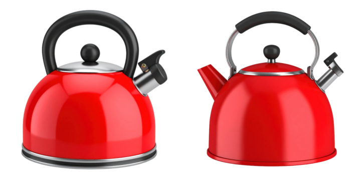 Glossy Red Kettle With Black Handle On White Background 3D Plastic Style - Powered by Adobe