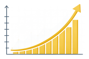 Golden bar chart with upward trending arrow isolated on transparent background