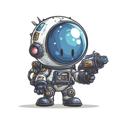 Cartoon astronaut with ray gun space suit and bubble helmet robot scifi