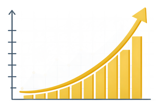 Golden bar chart with upward trending arrow isolated on transparent background