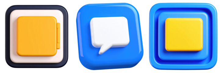 Three Dimensional Plastic Style Icons With Blue Yellow And White Colors On Transparent Background