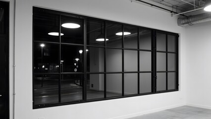 Black and white interior view of a room with large grid-style windows reflecting street lights.