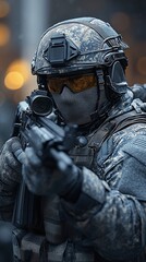 Close-up view of a soldier aiming with a rifle.