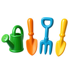 3D Plastic Icon Style Colorful Gardening Tools Set Green Watering Can Orange Shovel Blue Rake and Yellow Spade Isolated on Transparent Background