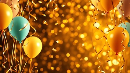 A festive golden frame filled with floating balloons and swirling confetti, capturing a lively celebration atmosphere.