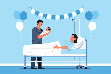 Newborn baby arrival celebrated by parents and medical professional in hospital ward with festive decorations
