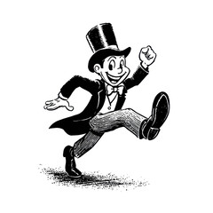 Cheerful cartoon man in top hat and suit running with fist raised happy