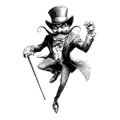Illustrated man with top hat and cane displaying menacing expression and striped suit
