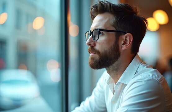 Bearded man with glasses looks out bright window. Focused thoughtful man in white shirt contemplates. Modern pro executive in office building, confident entrepreneur.